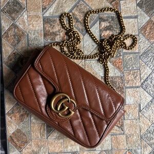 Gucci Brown Leather Crossbody Bag with Gold Chain